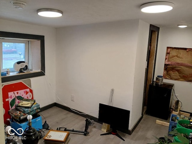 workout room featuring light hardwood / wood-style flooring