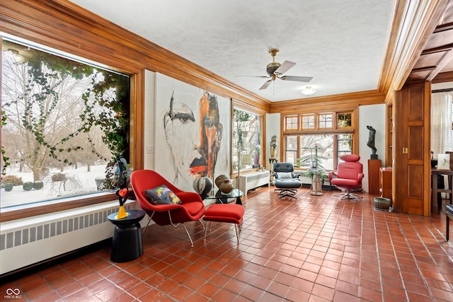 sunroom / solarium featuring ceiling fan and radiator