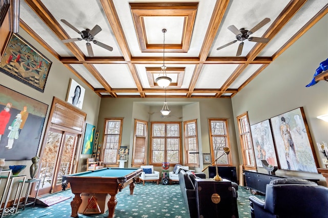 rec room featuring coffered ceiling, carpet floors, beam ceiling, and billiards