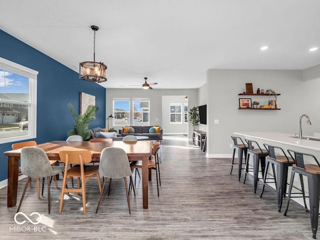 dining area with sink, hardwood / wood-style floors, and ceiling fan