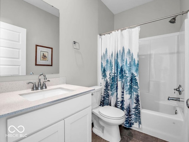 full bathroom featuring vanity, shower / tub combo, tile patterned floors, and toilet