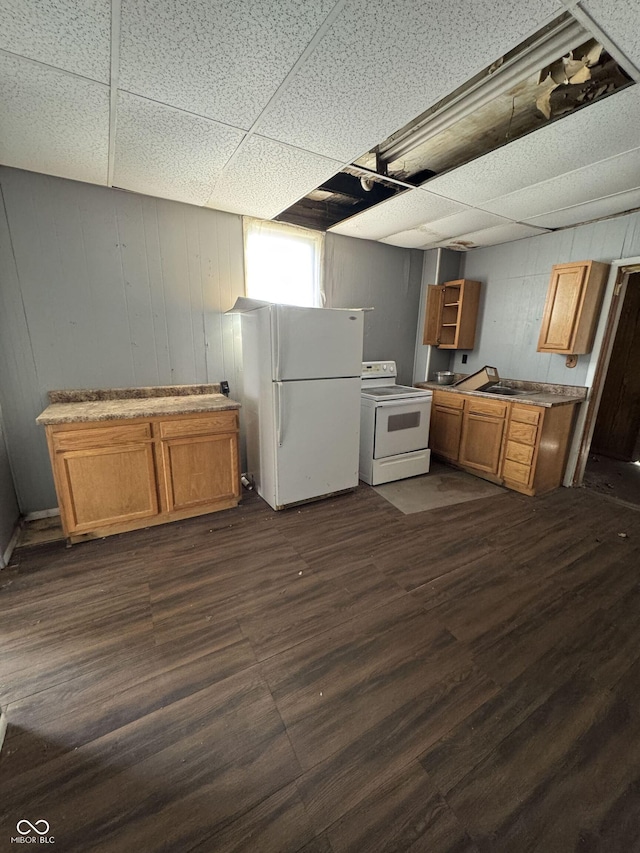 kitchen featuring sink, dark hardwood / wood-style floors, a paneled ceiling, and white appliances