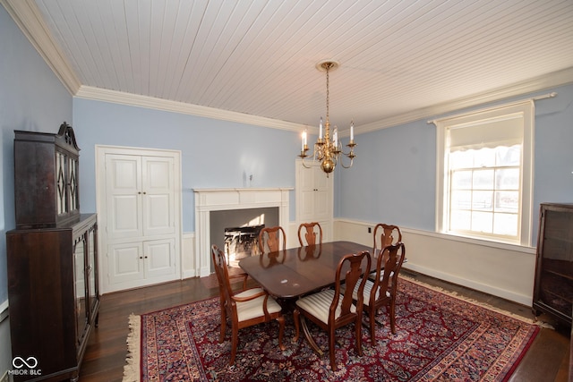 dining space with ornamental molding, dark hardwood / wood-style floors, wood ceiling, and an inviting chandelier