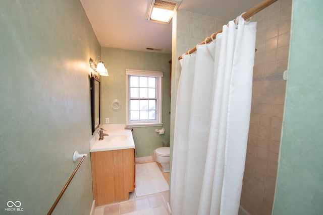 bathroom featuring vanity, tile patterned floors, toilet, and a shower with shower curtain