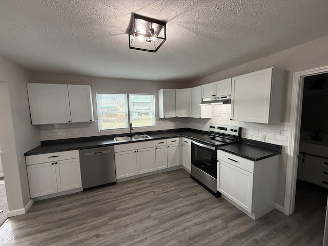 kitchen with sink, stainless steel appliances, dark hardwood / wood-style floors, and white cabinets