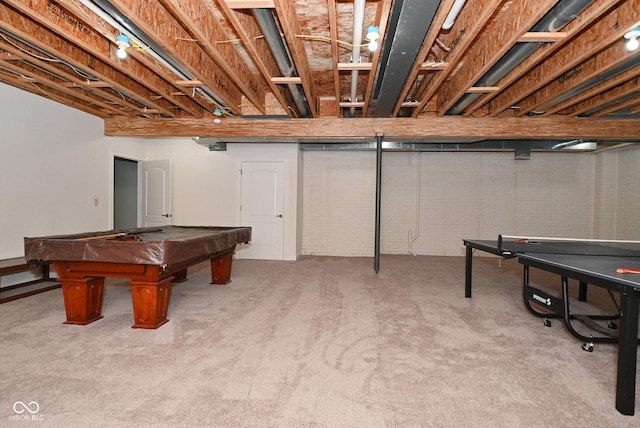 recreation room featuring light carpet and pool table