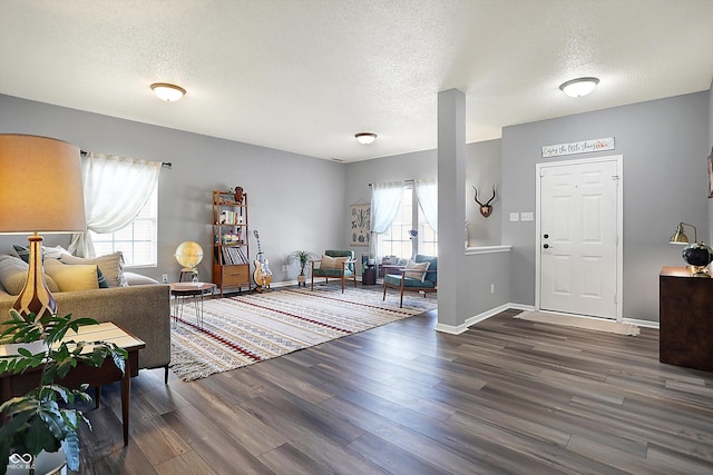 foyer with a textured ceiling and dark hardwood / wood-style flooring