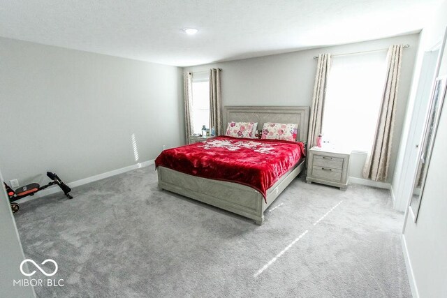 bedroom featuring light colored carpet