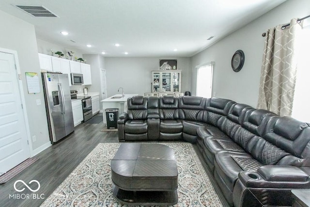 living room featuring dark hardwood / wood-style floors and sink