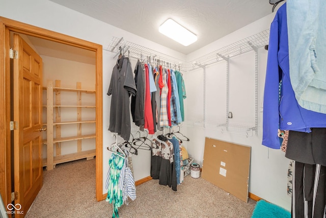 walk in closet featuring light carpet