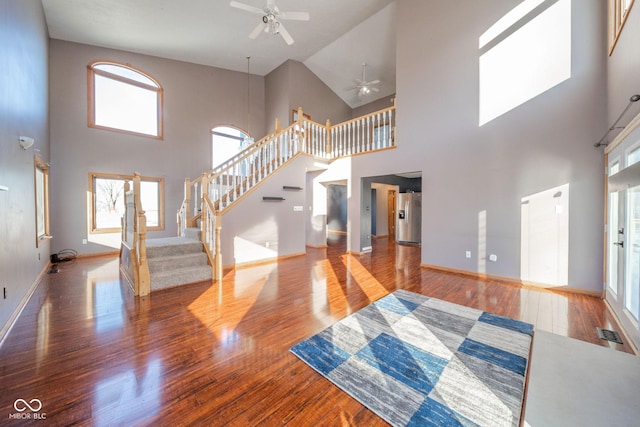 foyer featuring a towering ceiling, plenty of natural light, and wood-type flooring