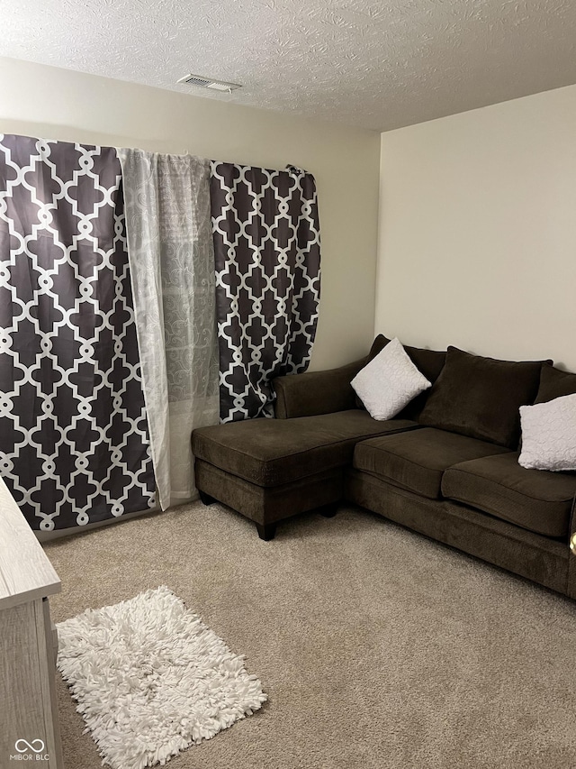 carpeted living room with a textured ceiling