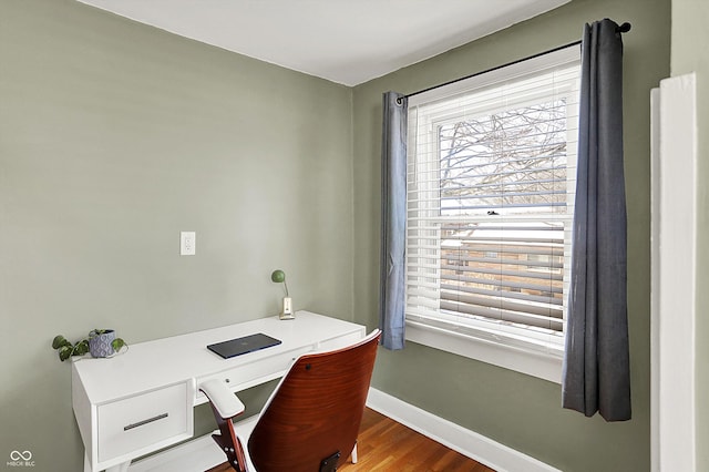 home office featuring baseboards and wood finished floors