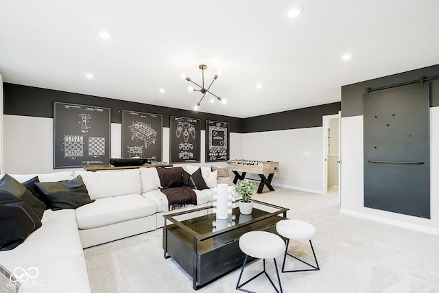 living room with recessed lighting, a notable chandelier, light colored carpet, and baseboards