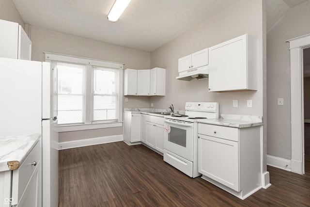 kitchen featuring sink, white appliances, white cabinetry, dark hardwood / wood-style floors, and light stone counters