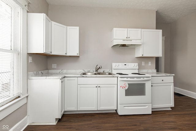 kitchen with white electric stove, plenty of natural light, sink, and white cabinets