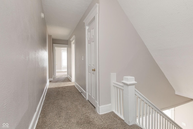 hallway with carpet and a textured ceiling