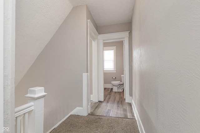 corridor featuring carpet flooring and a textured ceiling