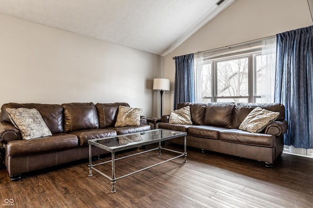 living room with a textured ceiling, vaulted ceiling, and wood-type flooring