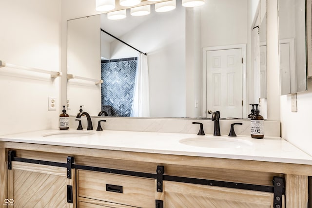 bathroom featuring vanity and a shower with shower curtain