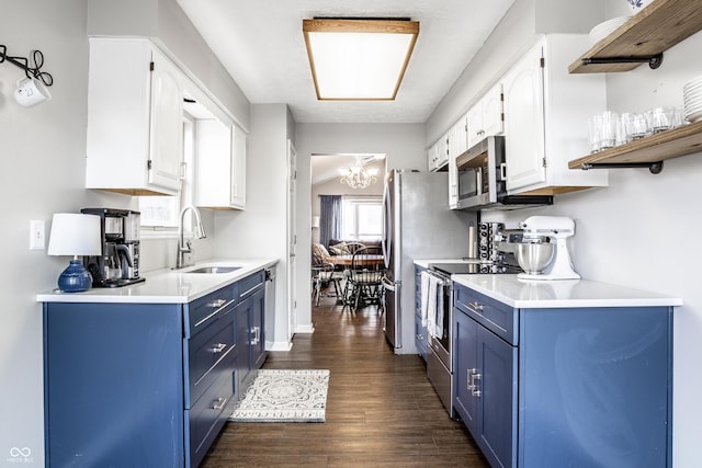 kitchen featuring white cabinetry, sink, blue cabinetry, and appliances with stainless steel finishes