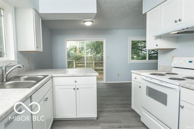 kitchen featuring a healthy amount of sunlight, sink, white electric range oven, and white cabinets