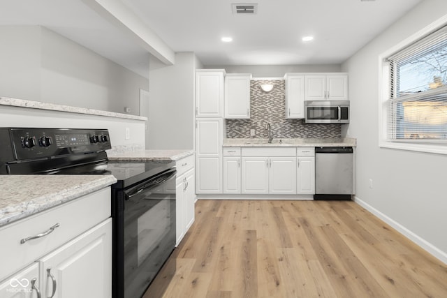 kitchen featuring appliances with stainless steel finishes, white cabinetry, sink, decorative backsplash, and light hardwood / wood-style floors