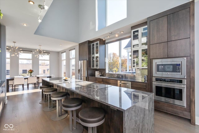 kitchen featuring a spacious island, stainless steel appliances, sink, a notable chandelier, and a healthy amount of sunlight