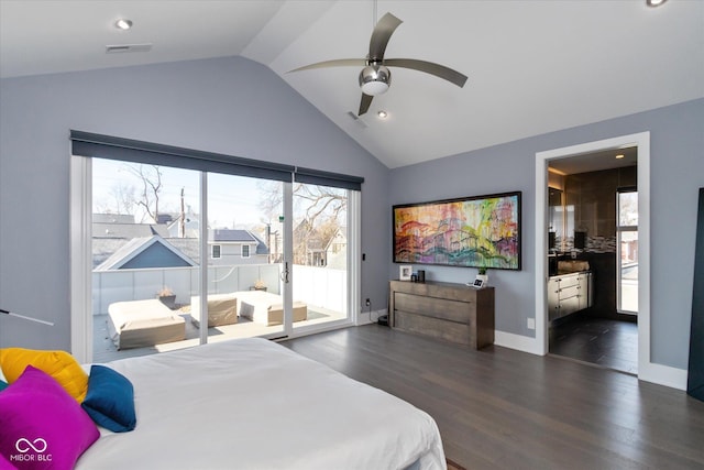 bedroom featuring lofted ceiling, dark wood-type flooring, ceiling fan, connected bathroom, and access to outside