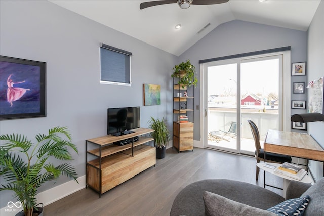 office area featuring wood-type flooring, ceiling fan, and vaulted ceiling