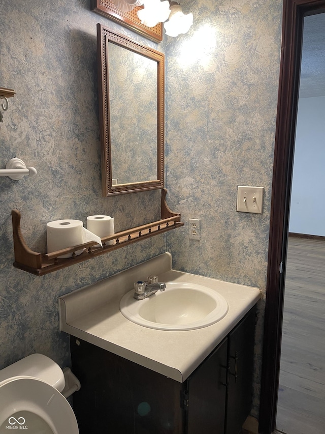 bathroom featuring vanity, toilet, and hardwood / wood-style floors