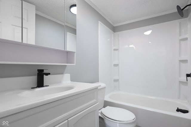 full bathroom with shower / tub combination, vanity, toilet, and a textured ceiling