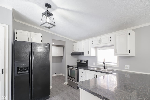 kitchen featuring lofted ceiling, sink, white cabinets, stainless steel range with electric stovetop, and black fridge with ice dispenser