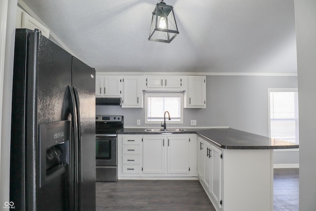 kitchen featuring stainless steel electric range oven, sink, white cabinets, black fridge with ice dispenser, and kitchen peninsula