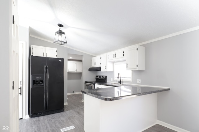 kitchen featuring sink, white cabinets, black refrigerator with ice dispenser, stainless steel range with electric cooktop, and kitchen peninsula