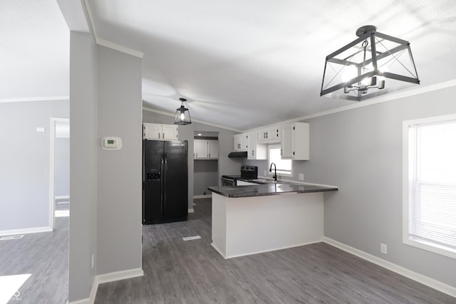 kitchen featuring sink, white cabinets, stainless steel range with electric stovetop, black fridge with ice dispenser, and kitchen peninsula