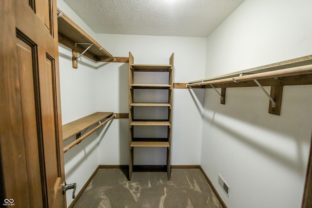 walk in closet featuring dark colored carpet