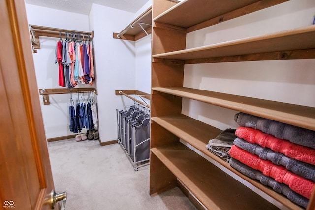 walk in closet featuring light carpet