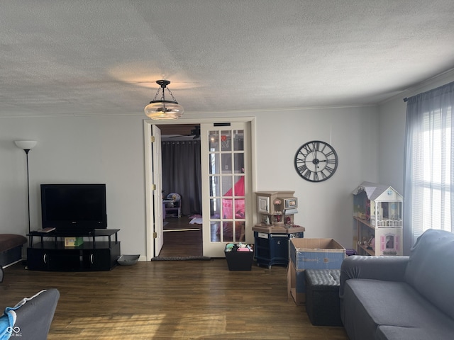 living room with dark wood-type flooring, plenty of natural light, and a textured ceiling