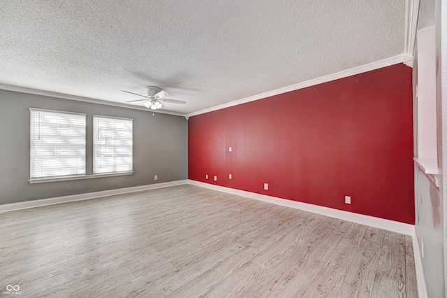 unfurnished room with crown molding, a textured ceiling, ceiling fan, and light hardwood / wood-style floors