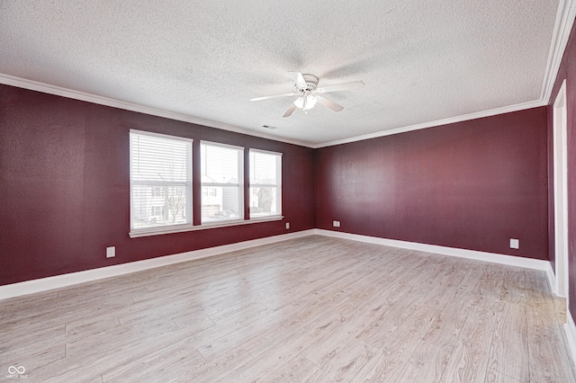 unfurnished room featuring a textured ceiling, light hardwood / wood-style flooring, ornamental molding, and ceiling fan