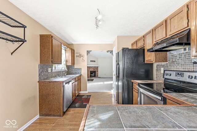 kitchen featuring sink, light hardwood / wood-style flooring, rail lighting, appliances with stainless steel finishes, and a fireplace