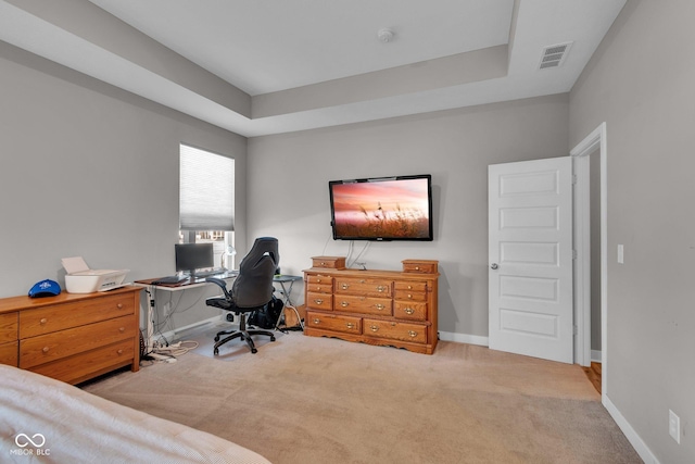 bedroom featuring a raised ceiling and light carpet