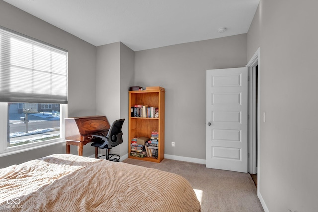 bedroom featuring light colored carpet