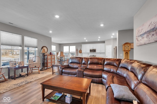 living room with a textured ceiling and light hardwood / wood-style floors