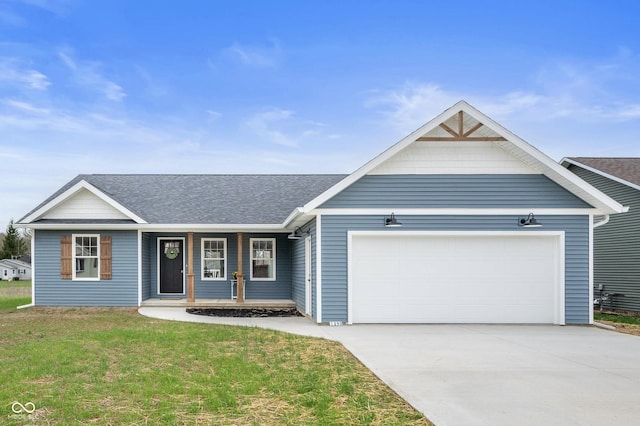 view of front of house with roof with shingles, driveway, an attached garage, a front yard, and a porch