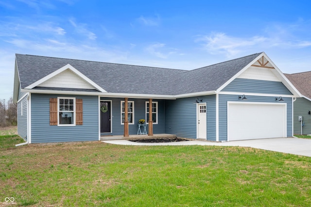 single story home featuring covered porch, roof with shingles, a front yard, a garage, and driveway
