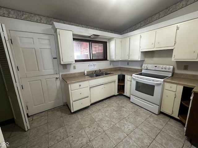 kitchen with white cabinetry, sink, light tile patterned floors, and white range with electric stovetop