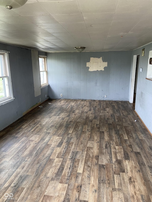 empty room featuring dark wood-type flooring, wood walls, and a wealth of natural light