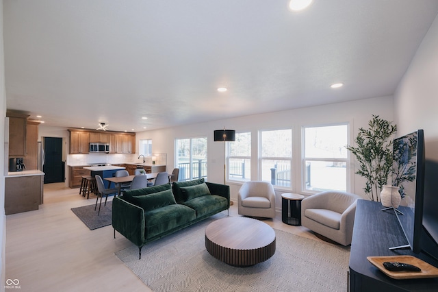 living room with sink and light hardwood / wood-style floors